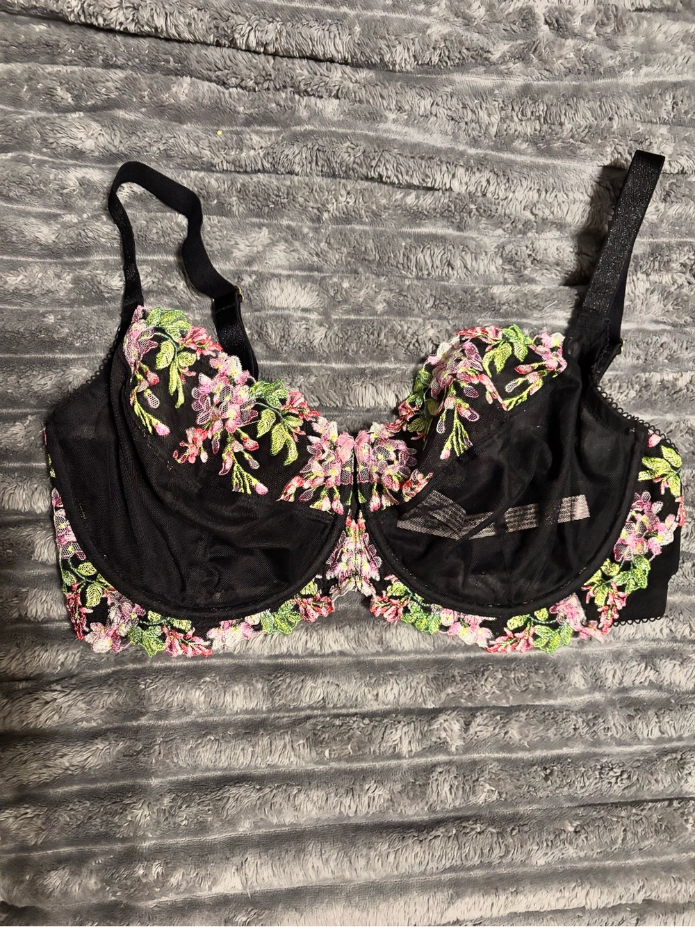 Victoria's Secret Black Unlined Demi Bra with Pink & Green Floral Embroidery 36G